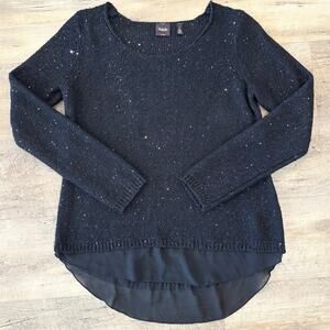 Rafaella Black Sequin Chiffon Layered Hem Pullover Knit Sweater Size M